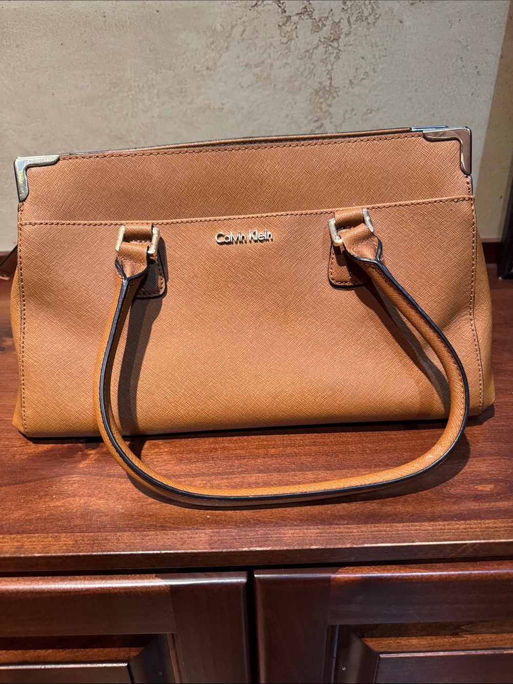 Calvin Klein Tan Shoulder Satchel with Gold Accents